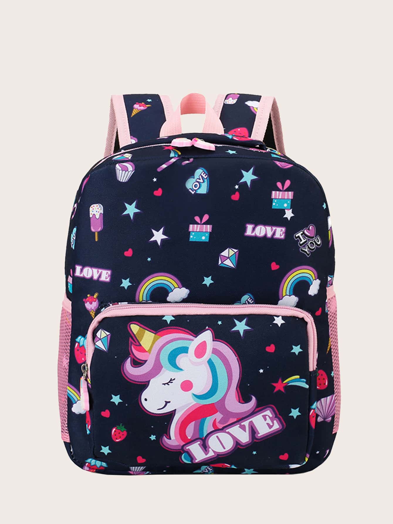女孩獨角獸圖案大容量書包 - 藏蓝色 - 查看 1