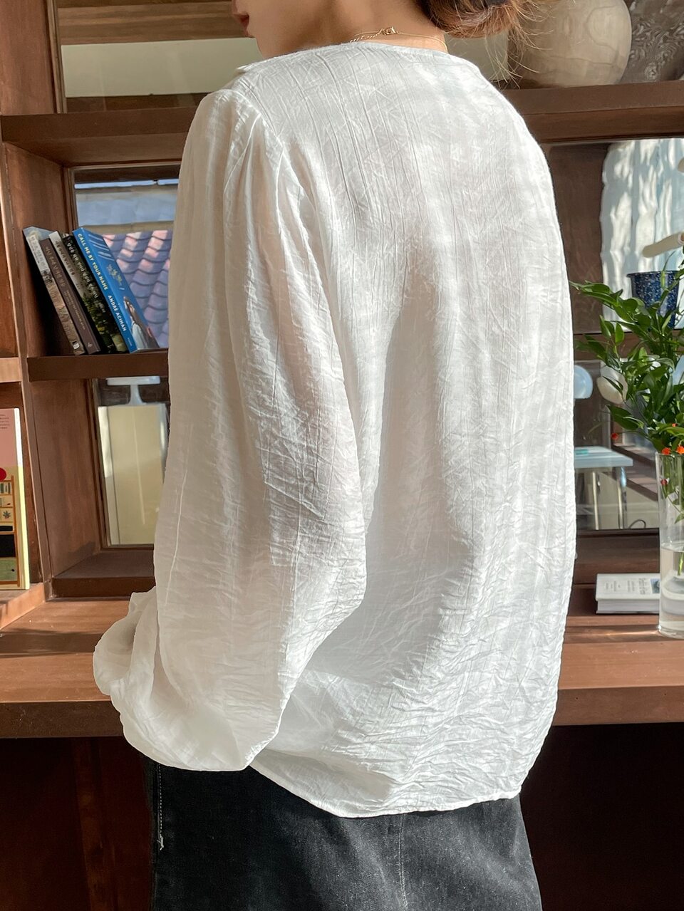 Statement Collar Textured Bishop Sleeve Blouse