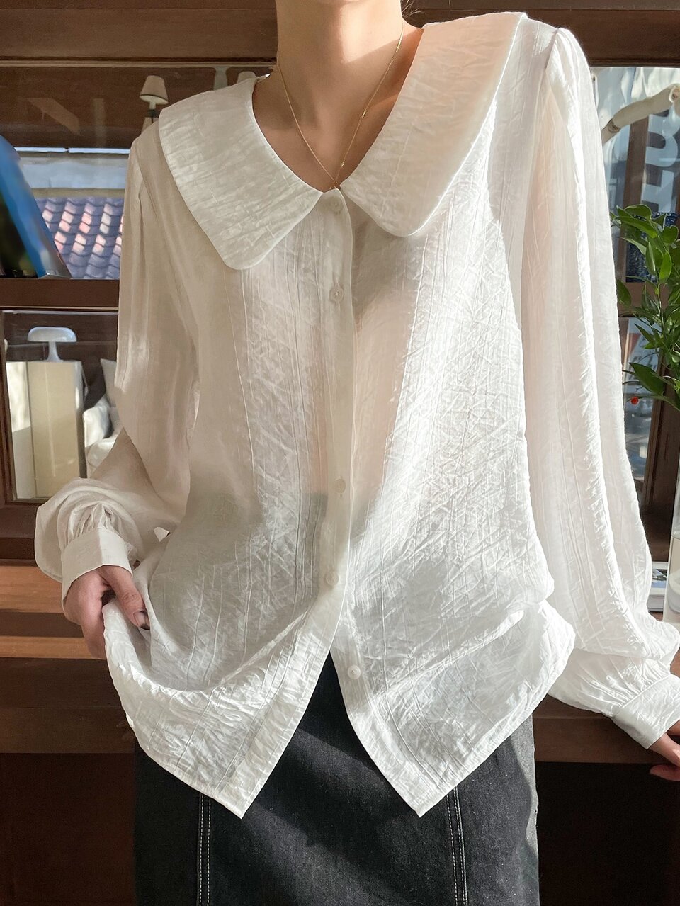 Statement Collar Textured Bishop Sleeve Blouse