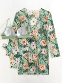 SHEIN Swim Summer Beach 3packs Plant Print Push Up Bikini & Kimono - Green - View 2