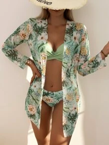 SHEIN Swim Summer Beach 3packs Plant Print Push Up Bikini & Kimono - Green - View 3