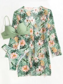 SHEIN Swim Summer Beach 3packs Plant Print Push Up Bikini & Kimono - Green - View 6