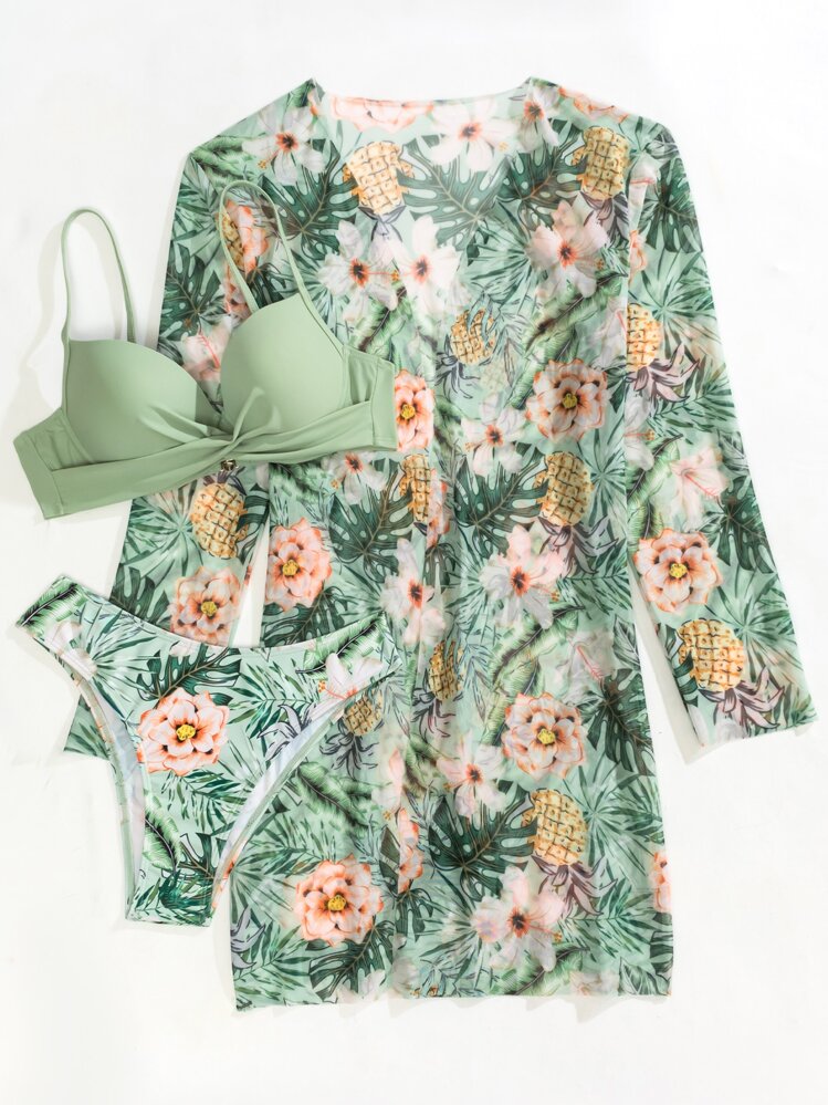 SHEIN Swim Summer Beach 3packs Plant Print Push Up Bikini & Kimono - Green - View 6