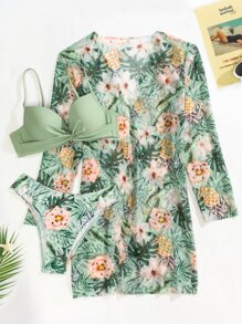 SHEIN Swim Summer Beach 3packs Plant Print Push Up Bikini & Kimono - Green - View 8