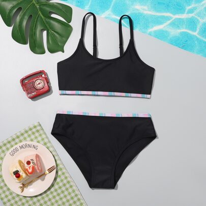 Girls Contrast Binding Bikini Swimsuit