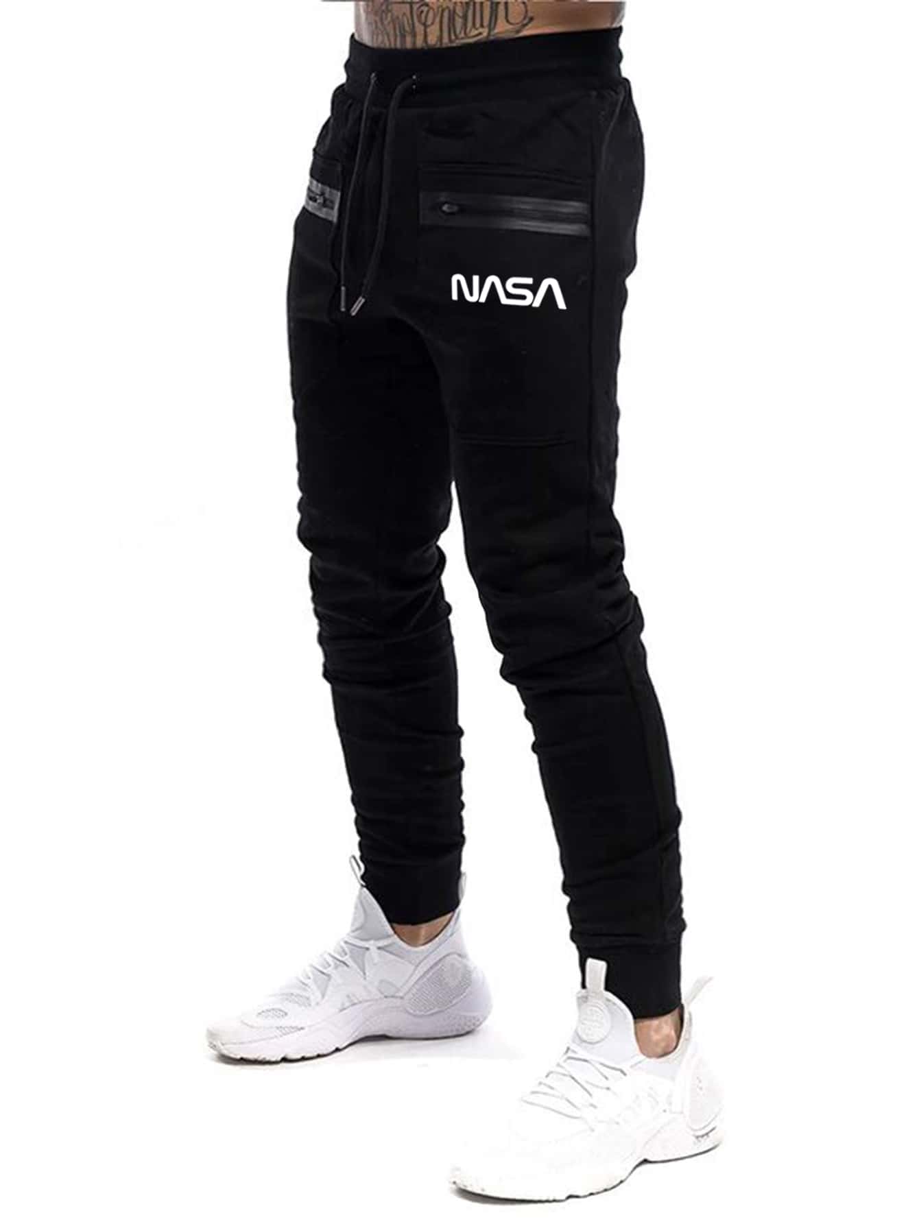 Manfinity Homme Men Letter Graphic Zip Pocket Drawstring Waist Joggers - Black - View 1