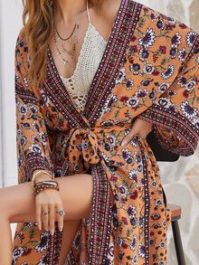 Rusttydustty Allover Floral Print Belted Kimono - Multicolor - View 6