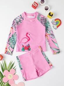 SHEIN Young Girl Flamingo & Plant Print Shorts Rashguard Summer Beach - Pink - View 1