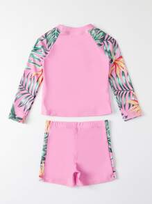 SHEIN Young Girl Flamingo & Plant Print Shorts Rashguard Summer Beach - Pink - View 2