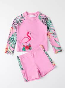 SHEIN Young Girl Flamingo & Plant Print Shorts Rashguard Summer Beach - Pink - View 3