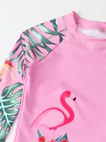 SHEIN Young Girl Flamingo & Plant Print Shorts Rashguard Summer Beach - Pink - View 5