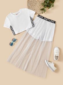Girls Contrast Letter Tape Tee & Mesh Overlay Shorts - White - View 1