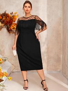 Đầm Plus Size Tương phản Mesh mép Chia Chấm bi Hấp dẫn - màu đen - Xem 1