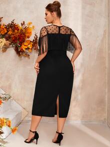 Đầm Plus Size Tương phản Mesh mép Chia Chấm bi Hấp dẫn - màu đen - Xem 2