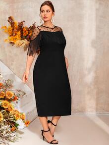 Đầm Plus Size Tương phản Mesh mép Chia Chấm bi Hấp dẫn - màu đen - Xem 3