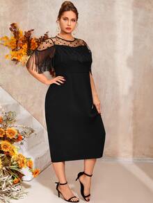 Đầm Plus Size Tương phản Mesh mép Chia Chấm bi Hấp dẫn - màu đen - Xem 4