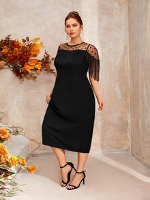Đầm Plus Size Tương phản Mesh mép Chia Chấm bi Hấp dẫn - màu đen - Xem 5