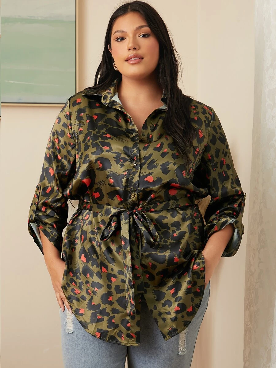 SHEIN Plus Leopard Print Roll Tab Sleeve Belted Blouse - Multicolor - View 1