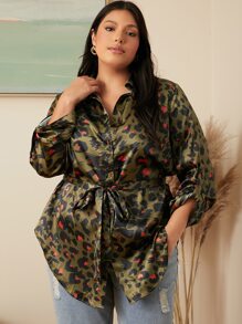 SHEIN Plus Leopard Print Roll Tab Sleeve Belted Blouse - Multicolor - View 4