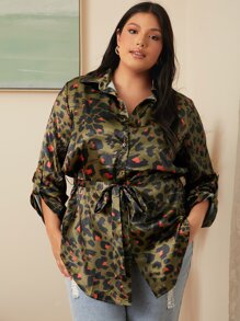 SHEIN Plus Leopard Print Roll Tab Sleeve Belted Blouse - Multicolor - View 5