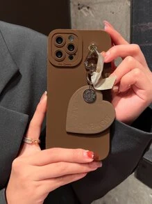 Plain Phone Case  With Heart Pendant - Brown - View 1