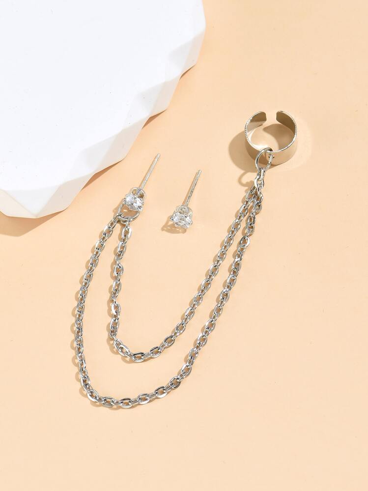 水钻装饰链饰耳环 - 銀色 - 查看 2