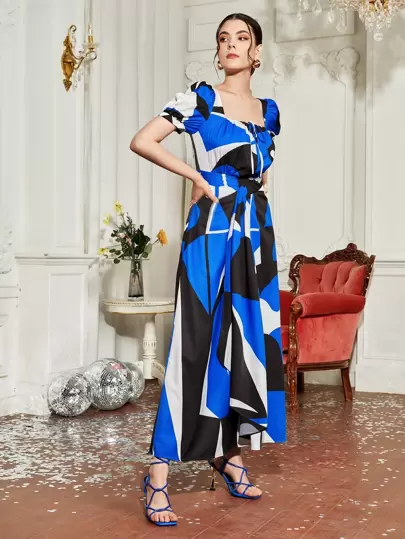 CHEN MIAOMIAO Vestido de color combinado de cuello cuadrado con cordón delantero