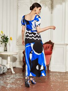CHEN MIAOMIAO Colorblock Square Neck Tie Front Dress - Multicolor - View 2
