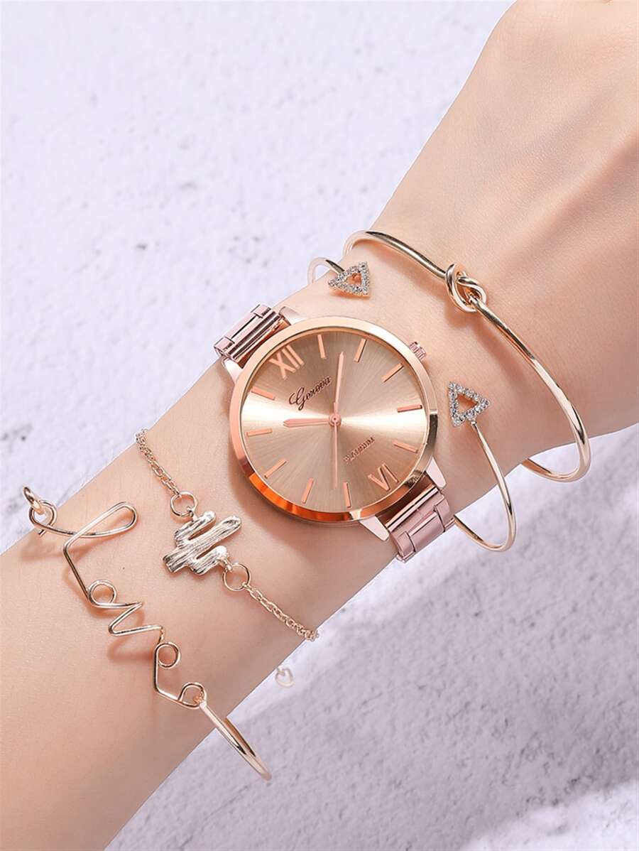 1pc Round Pointer Quartz Watch & 4pcs Bracelet