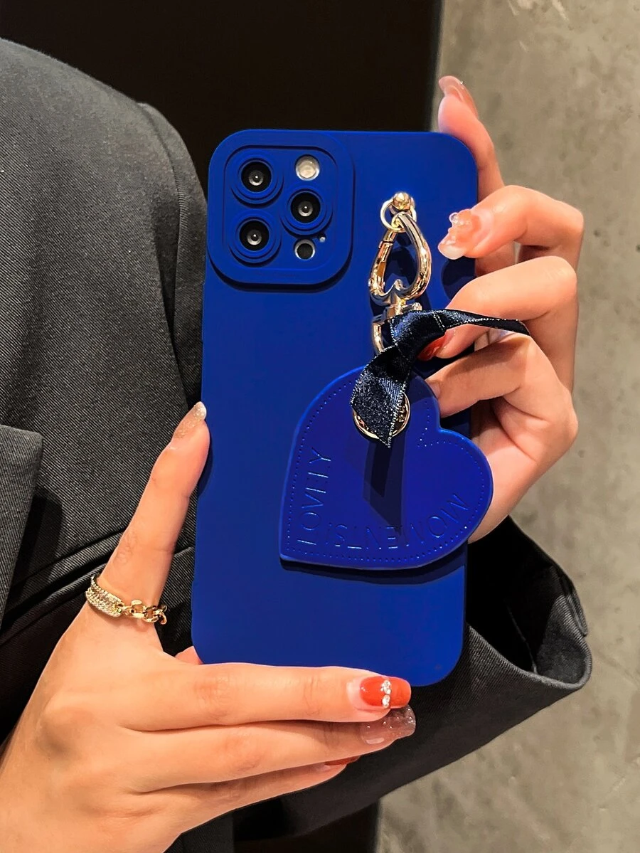 Vỏ điện thoại trơn có mặt dây chuyền trái tim - Xanh đậm - Xem 1