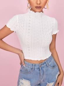SHEIN Essnce Camiseta ribete en forma de lechuga con abertura - Blanco - Ver 1