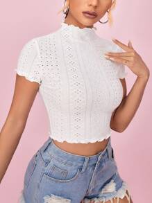 SHEIN Essnce Camiseta ribete en forma de lechuga con abertura - Blanco - Ver 3