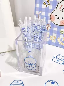 6pcs Extendable Cute Cartoon Graphic Gel Pen Black 0.5mm Ink Ballpoint Pen - Blue and White - View 1