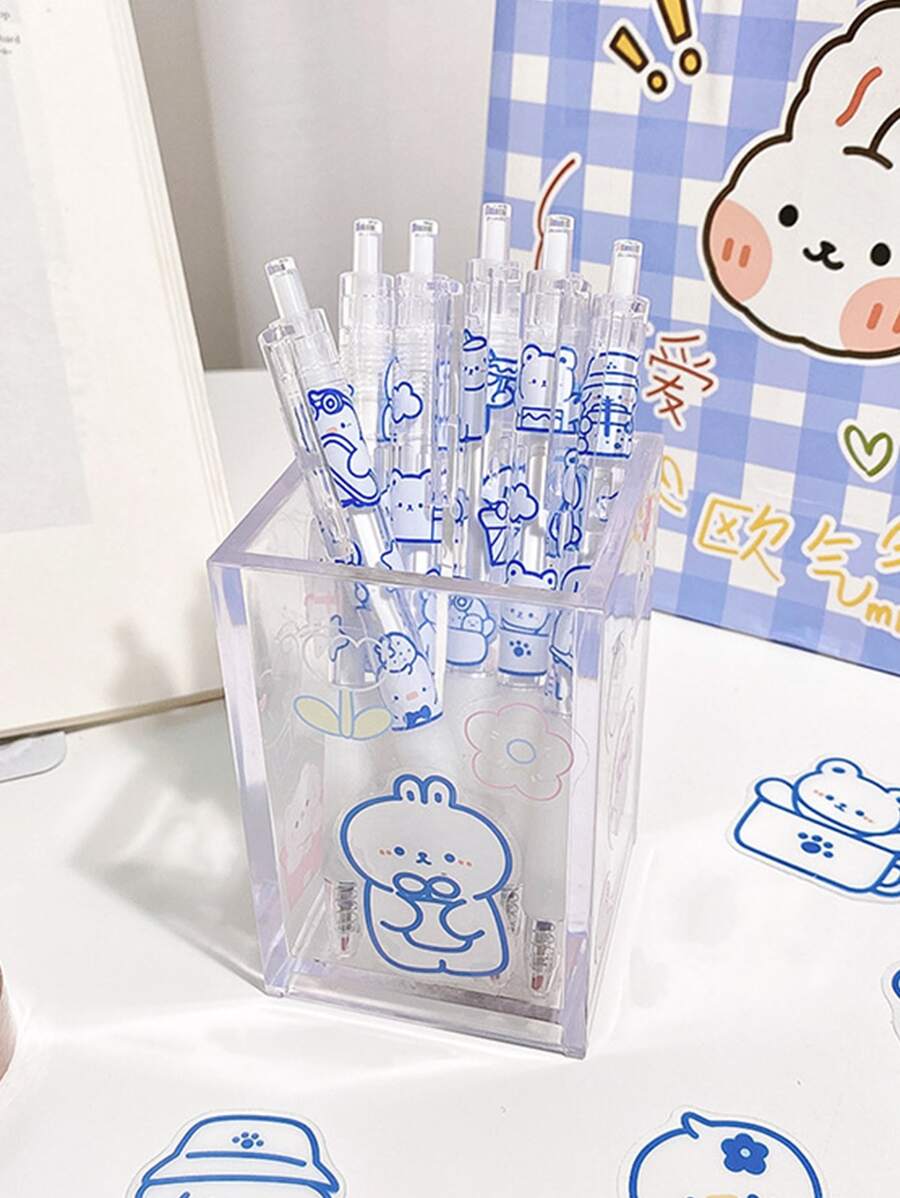 6pcs Extendable Cute Cartoon Graphic Gel Pen Black 0.5mm Ink Ballpoint Pen - Blue and White - View 1