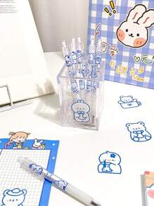6pcs Extendable Cute Cartoon Graphic Gel Pen Black 0.5mm Ink Ballpoint Pen - Blue and White - View 4