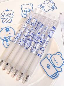 6pcs Extendable Cute Cartoon Graphic Gel Pen Black 0.5mm Ink Ballpoint Pen - Blue and White - View 5