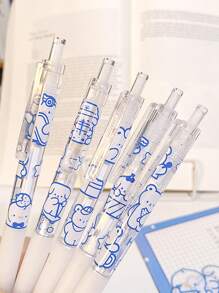 6pcs Extendable Cute Cartoon Graphic Gel Pen Black 0.5mm Ink Ballpoint Pen - Blue and White - View 6