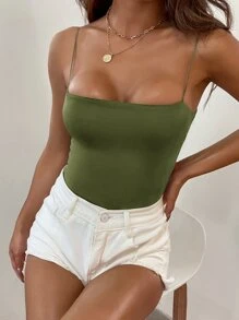 SHEIN Essnce Solid Skinny Cami Bodysuit - Army Green - View 5
