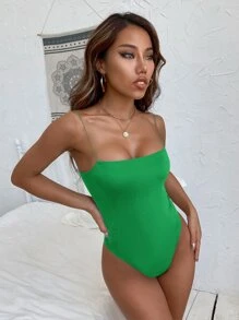 SHEIN Essnce Solid Skinny Cami Bodysuit - Green - View 4