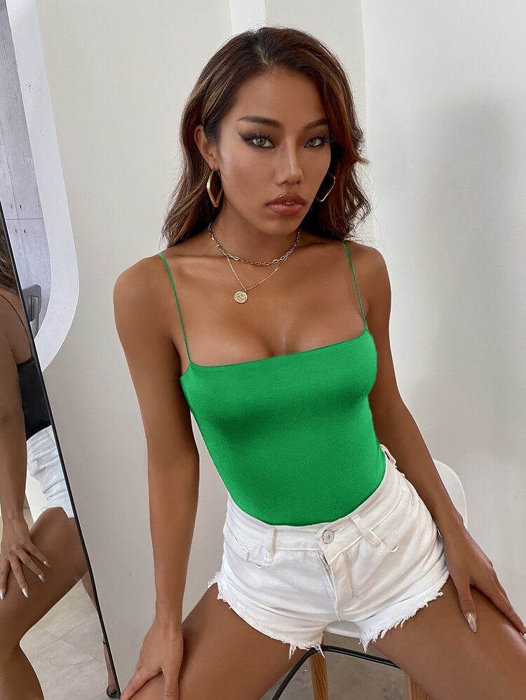 SHEIN Essnce Solid Skinny Cami Bodysuit - Green - View 6