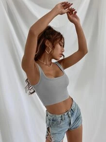 GENKIRA Solid Ribbed Crop Tank Top - Light Grey - View 3