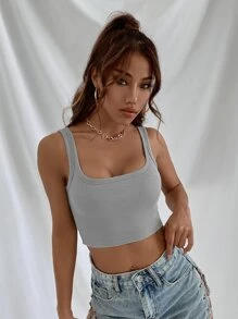 GENKIRA Solid Ribbed Crop Tank Top - Light Grey - View 5