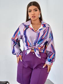 SHEIN LUNE Áo sơ mi Plus Size Nút phía trước Đồ họa Giải trí - Màu tím - Xem 1