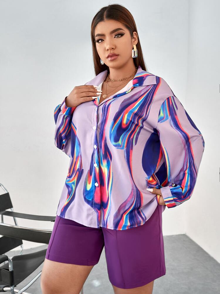 SHEIN LUNE 大碼圖案印花落肩袖襯衫 - 紫色 - 查看 3