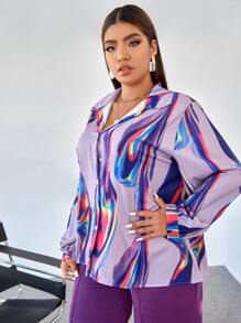 SHEIN LUNE Áo sơ mi Plus Size Nút phía trước Đồ họa Giải trí - Màu tím - Xem 5