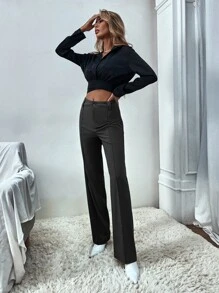 SHEIN BIZwear Cao eo Đường may Chi tiết Quần chân thẳng Trang phục làm việc - màu đen - Xem 6