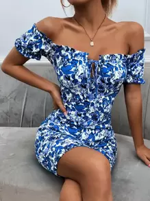 SHEIN Privé Floral Print Off Shoulder Frill Trim Knot Front Bodycon Dress - Blue and White - View 1