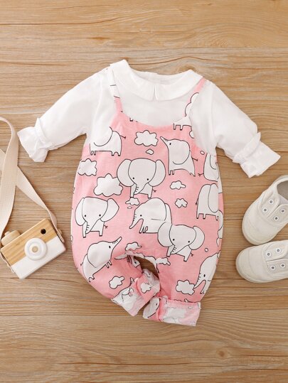 Yierying Baby Cartoon Graphic Peter Pan Collar Jumpsuit