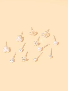 6pairs Rhinestone & Faux Pearl Decor Stud Earrings - White - View 4