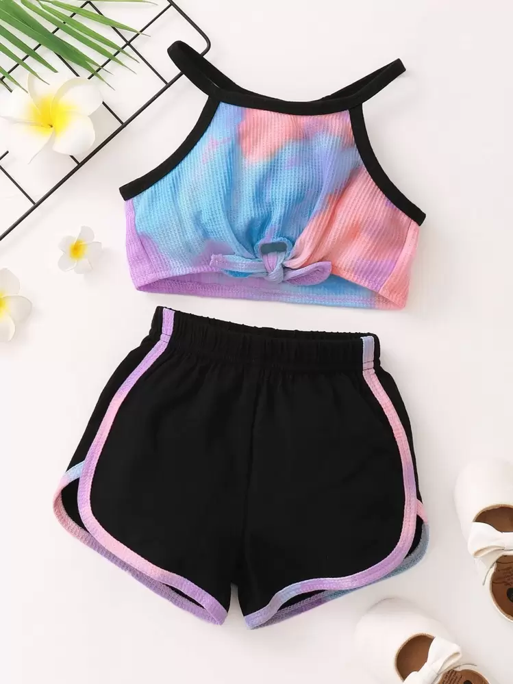 Baby Tie Dye Knot Front Cami Top & Contrast Binding Shorts - Multicolor - View 1
